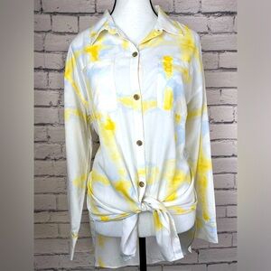 CALIA by Carrie Underwood Long Sleeved Utility Shirt Swim Coverup Yellow Tie Dye